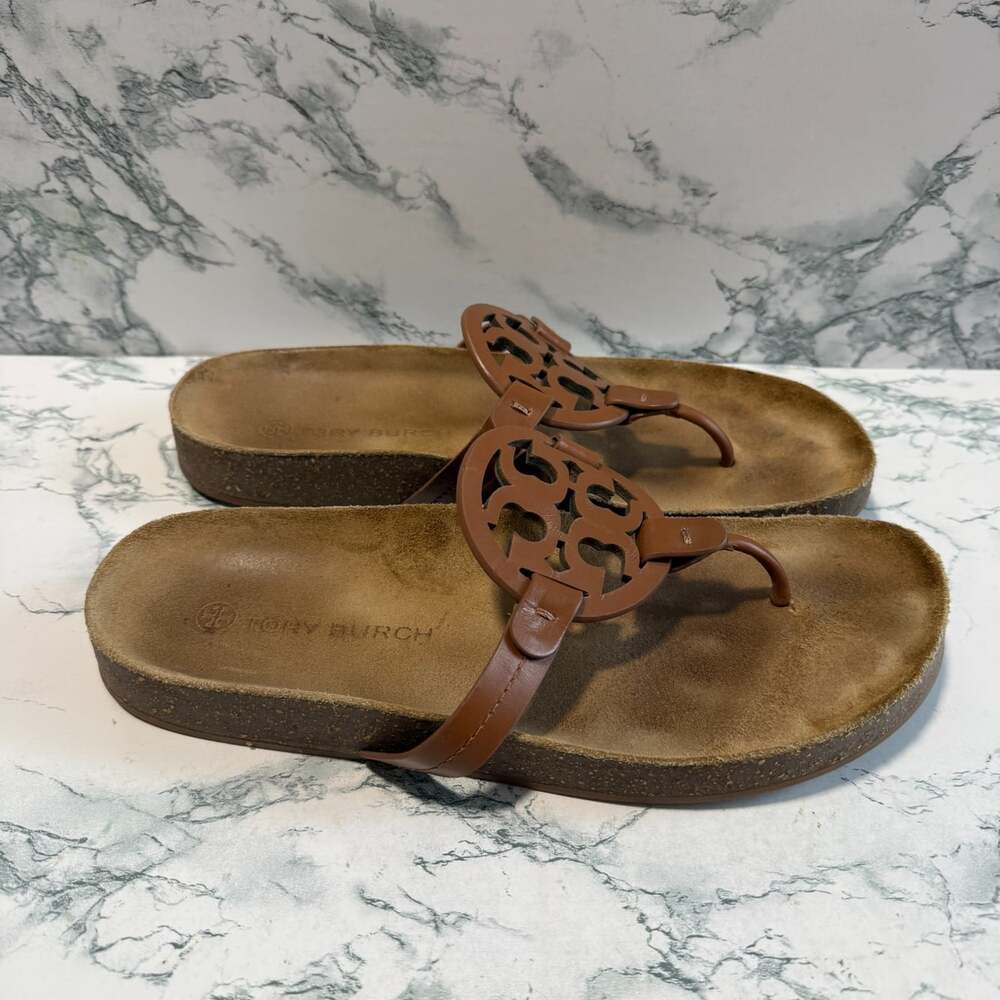 Tory Burch Women 9.5 Miller Cloud Sandal Brown Leather Cork Comfort Shoe Slip On
